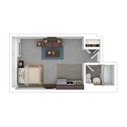 A top-down view of a small apartment with a bed, a couch, a desk, and a chair.
