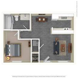 A floor plan of a small apartment with a kitchen, living room, and bathroom.