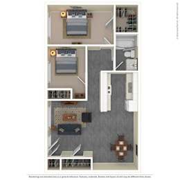 A floor plan of a house with a kitchen, living room, and two bedrooms.