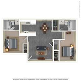 A floor plan of a house with a kitchen, living room, dining room, and two bedrooms.