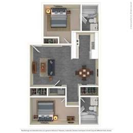 A floor plan of a small apartment with a kitchen, living room, and two bedrooms.