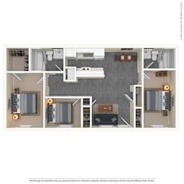 A floor plan of a house with a kitchen, living room, and two bedrooms.
