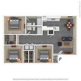 A floor plan of a house with a kitchen, living room, and two bedrooms.