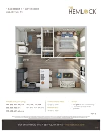 The Hemlock 1 Bed 1 Bath 2A-2C Floor Plan at The Hemlock, Washington, 98103