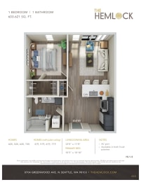 The Hemlock 1 Bed 1 Bath 3A-3B Floor Plan at The Hemlock, Seattle, WA