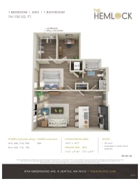 The Hemlock 1 Bed 1 Bath w Den 10A-10B Floor Plan at The Hemlock, Washington, 98103
