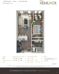 The Hemlock 1 Bed 1 Bath w Den 2A-2B Floor Plan at The Hemlock, Seattle, Washington