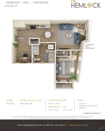 The Hemlock Open 1 Bed 1 Bath w Den 3A-3B Floor Plan at The Hemlock, Washington