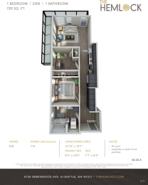 The Hemlock 1 Bed 1 Bath w Den 5 Floor Plan at The Hemlock, Seattle, 98103