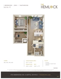 The Hemlock 1 Bed 1 Bath w Den 8 Floor Plan at The Hemlock, Seattle