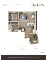 The Hemlock 1 Bed 1 Bath w Den 9 Floor Plan at The Hemlock, Washington