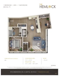 The Hemlock 1 Bed 1 Bath w Den 9A Floor Plan at The Hemlock, Seattle, WA