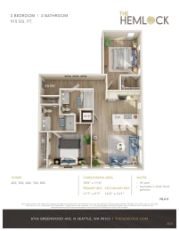 The Hemlock 2 Bed 2 Bath 3 Floor Plan at The Hemlock, Seattle, Washington