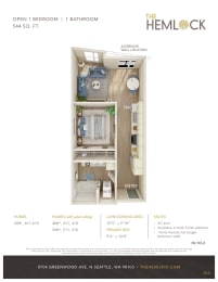 The Hemlock Open 1 Bed 1 Bath MFTE Floor Plan at The Hemlock, Seattle, WA