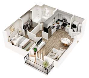 A top down view of a small apartment with a kitchen, living room, and bathroom.