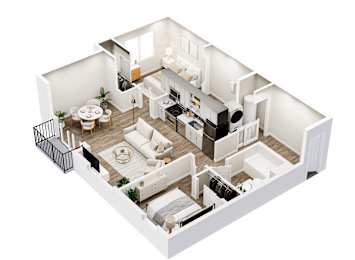 A white and wood floor plan of a house with a kitchen, living room, and bedrooms.