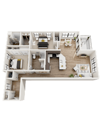 A 3D floor plan of a house with multiple rooms and furniture.