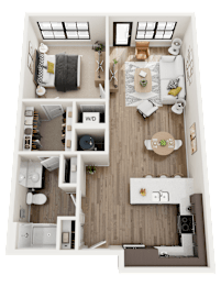 3D Floor Plan of The Maple with a living room, kitchen, and bedroom.