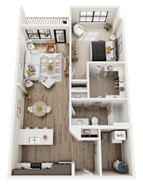 A top-down view of a small apartment with a kitchen, living room, and bedroom.