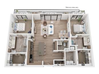 A 3D floor plan of a house showing the layout of the rooms.