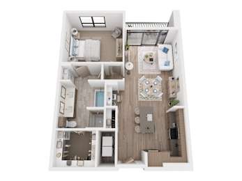 A top-down view of a small apartment with a kitchen, living room, and bathroom.