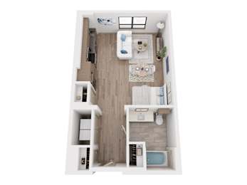 A top-down view of a small apartment with a kitchen, living room, and bathroom.