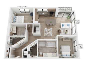 A floor plan of a two-bedroom apartment with a living room, kitchen, and bathroom.