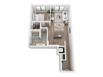 A top down view of a small apartment with a kitchen, living room, and bathroom.