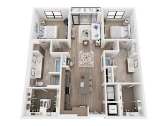 A top-down view of a well-organized apartment with a central living area and multiple rooms.