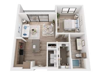 A top-down view of a small apartment with a kitchen, living room, and bathroom.