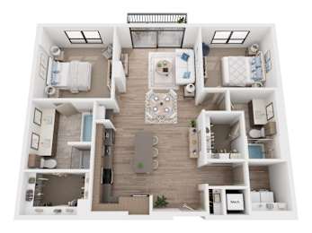A top-down view of a modern apartment layout with a kitchen, living room, and bedrooms.