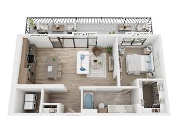 A top-down view of a small apartment with a kitchen, living room, and bathroom.