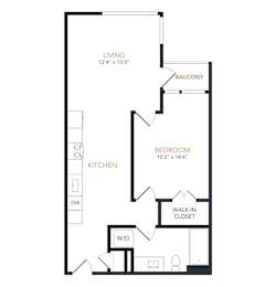 A black and white image of a floor plan for a one bedroom apartment.