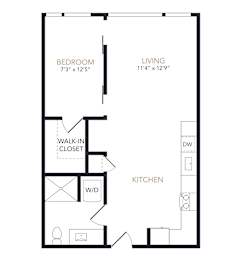 A black and white image of a floor plan for a small apartment.