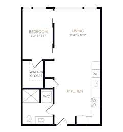 A black and white image of a floor plan for a small apartment.