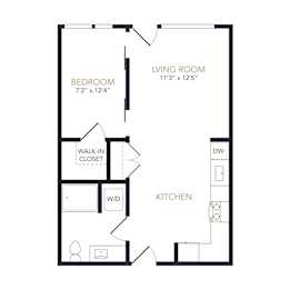 A black and white image of a floor plan for a living room, bedroom, and kitchen.