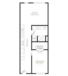 A drawing of a floor plan for an apartment with a living room, kitchen, walk-in closet, and bedroom.