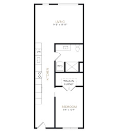 A black and white image of a living room, kitchen, and bedroom floor plan.