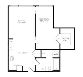 A black and white image of a floor plan for a home with a living room, bedroom, and kitchen.