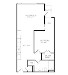 A black and white image of a floor plan for a living room, kitchen, and bedroom.