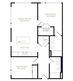 A black and white image of a floor plan for a home with a living room, kitchen, and two bedrooms.