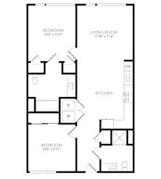 A black and white image of a floor plan for a home with three bedrooms, a living room, and a kitchen.