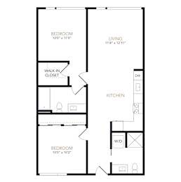 A black and white image of a floor plan for a two bedroom apartment.