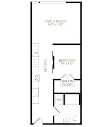A black and white image of a floor plan for a one bedroom apartment.