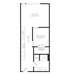 A black and white drawing of a living room, bedroom, and kitchen.