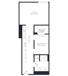 A black and white drawing of a living room, kitchen, and bedroom layout.