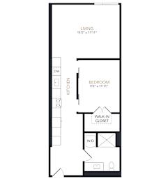 A floor plan of a one bedroom apartment with a kitchen and living room.