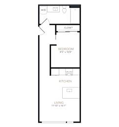 A floor plan of a small apartment with a bedroom, kitchen, and living room.