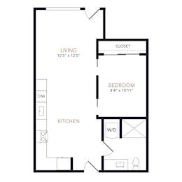 A floor plan of a small apartment with a living room, bedroom, and kitchen.