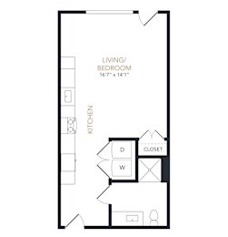 A black and white drawing of a living room and kitchen area.